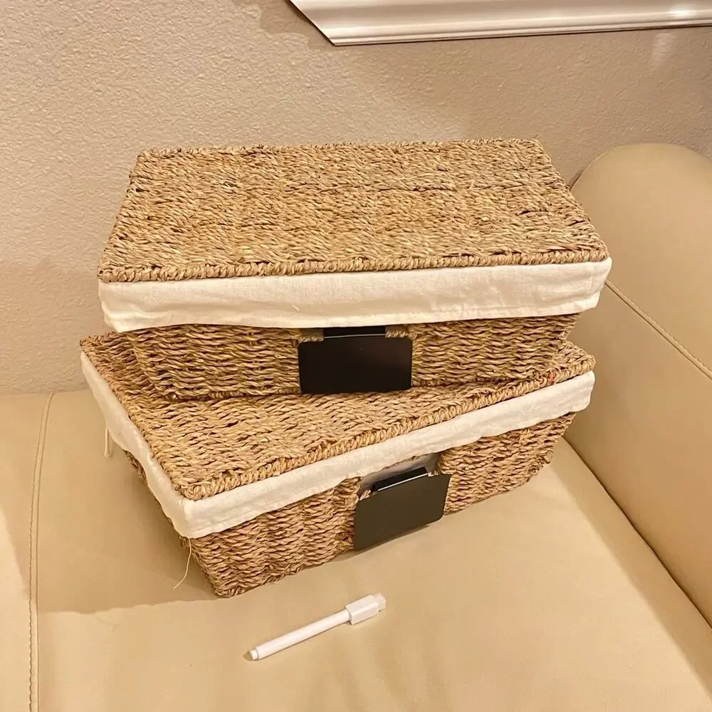 Set of 2 Rectangular Seagrass Baskets With Linen & Pen - Picture 2 of 9